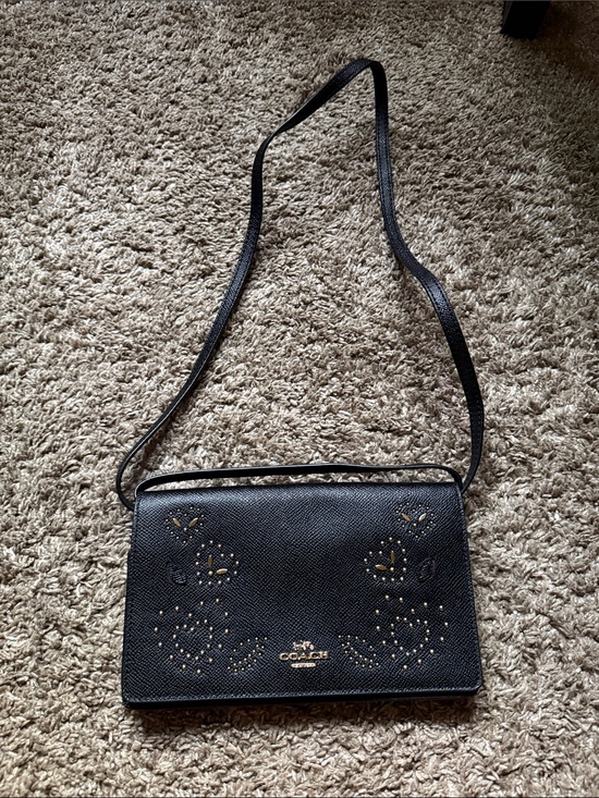 Coach Handbags - Coach Black Leather Crossbody with Gold Stud Heart Accents
